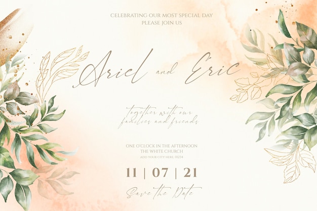 Free PSD wedding invitation template with watercolor leaves