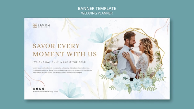 Free PSD wedding planner horizontal banner template with watercolor floral design