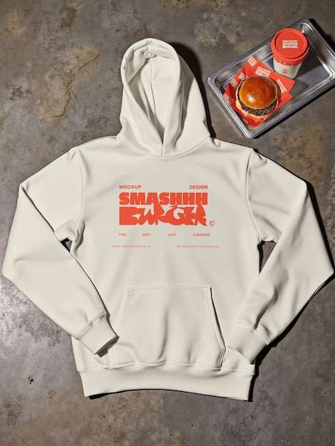Free PSD white hoodie mockup with burger