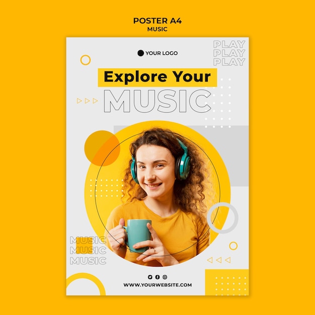 Free PSD woman wearing headphones and holding a cup poster