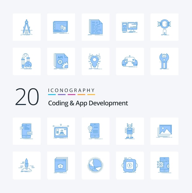 Free Vector 20 coding and app development blue color icon pack like artificial robot layout approval app