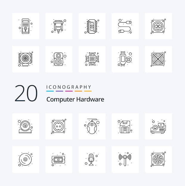 Free Vector 20 computer hardware line icon pack like presentation hardware computer floppy computer