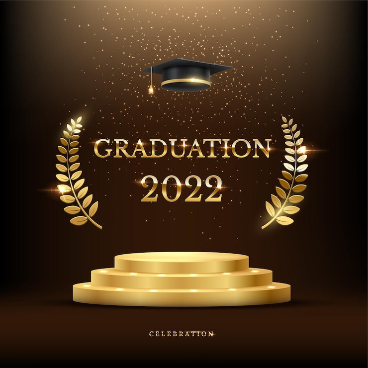Free Vector 2022 graduation ceremony banner award concept with academic hat golden podium and laurel wreath under shining glitter on dark background