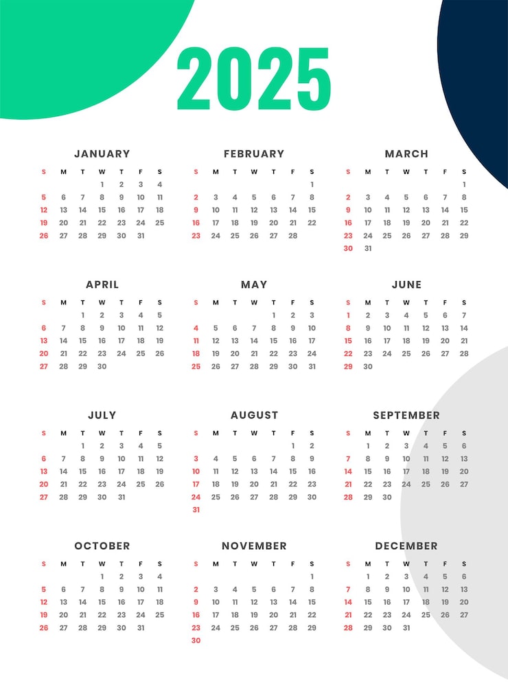 Free Vector 2025 calender template for new year event and business