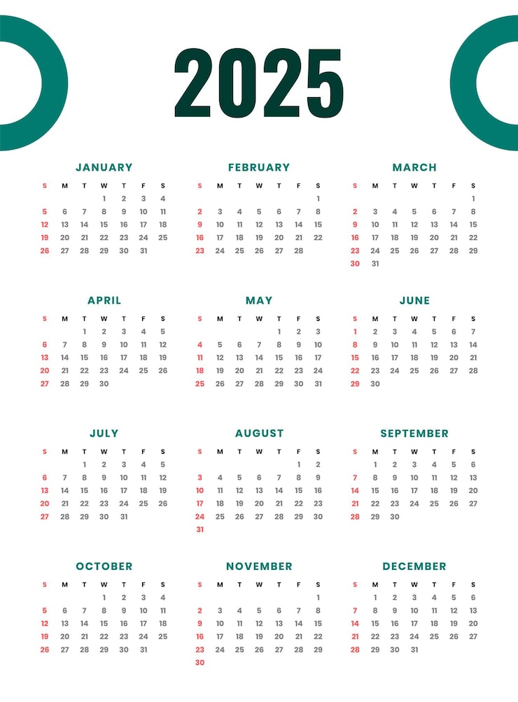 Free Vector 2025 calender template for new year event and business