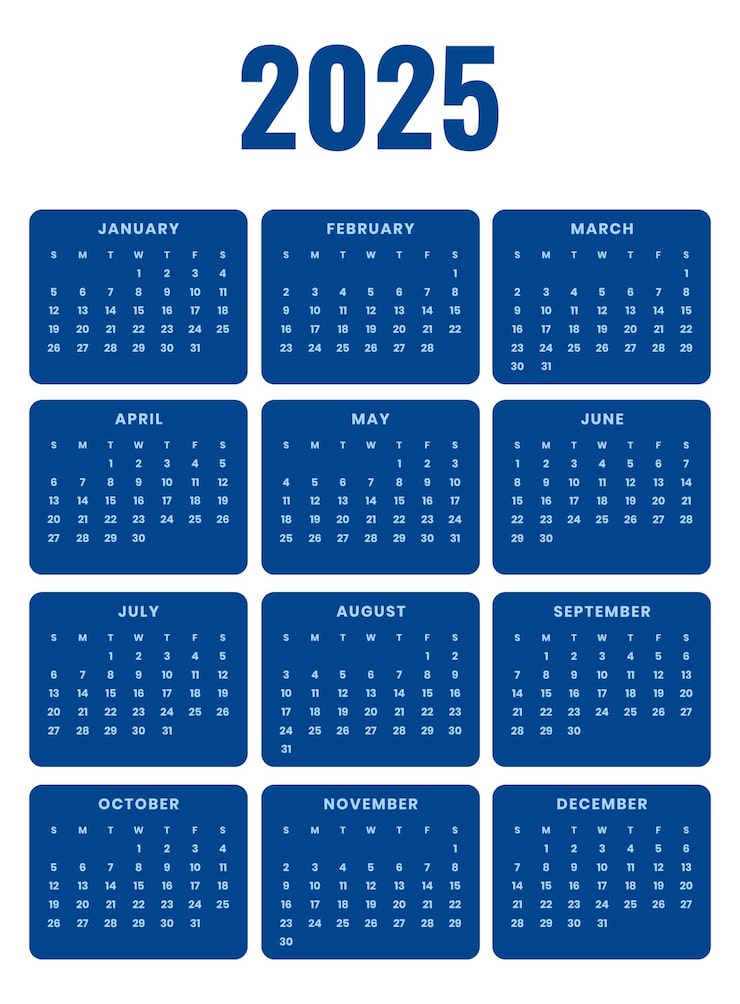 Free Vector 2025 calender template for new year event and business