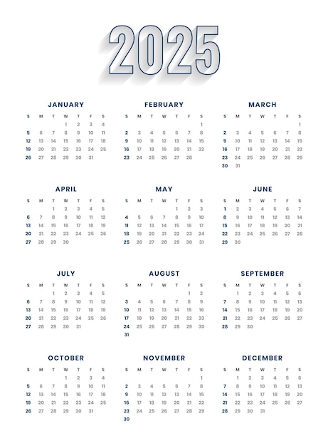 Free Vector 2025 calender template for new year event and business
