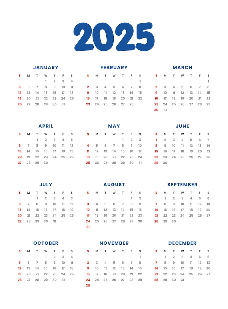 Free Vector 2025 calender template for new year event and business