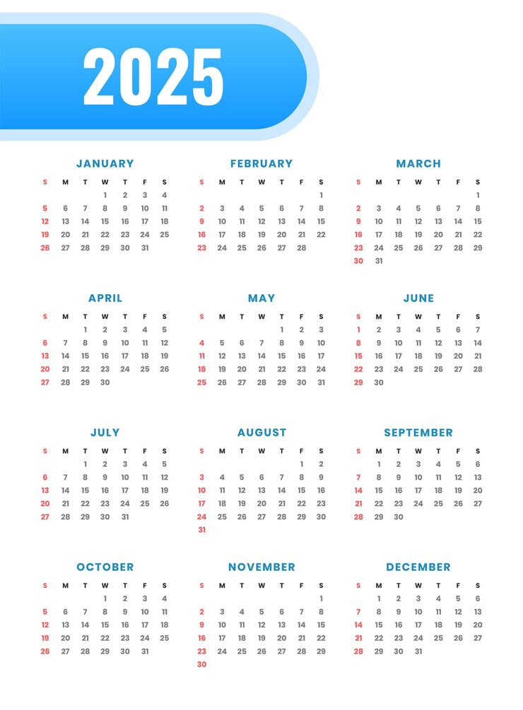 Free Vector 2025 calender template for new year event and business