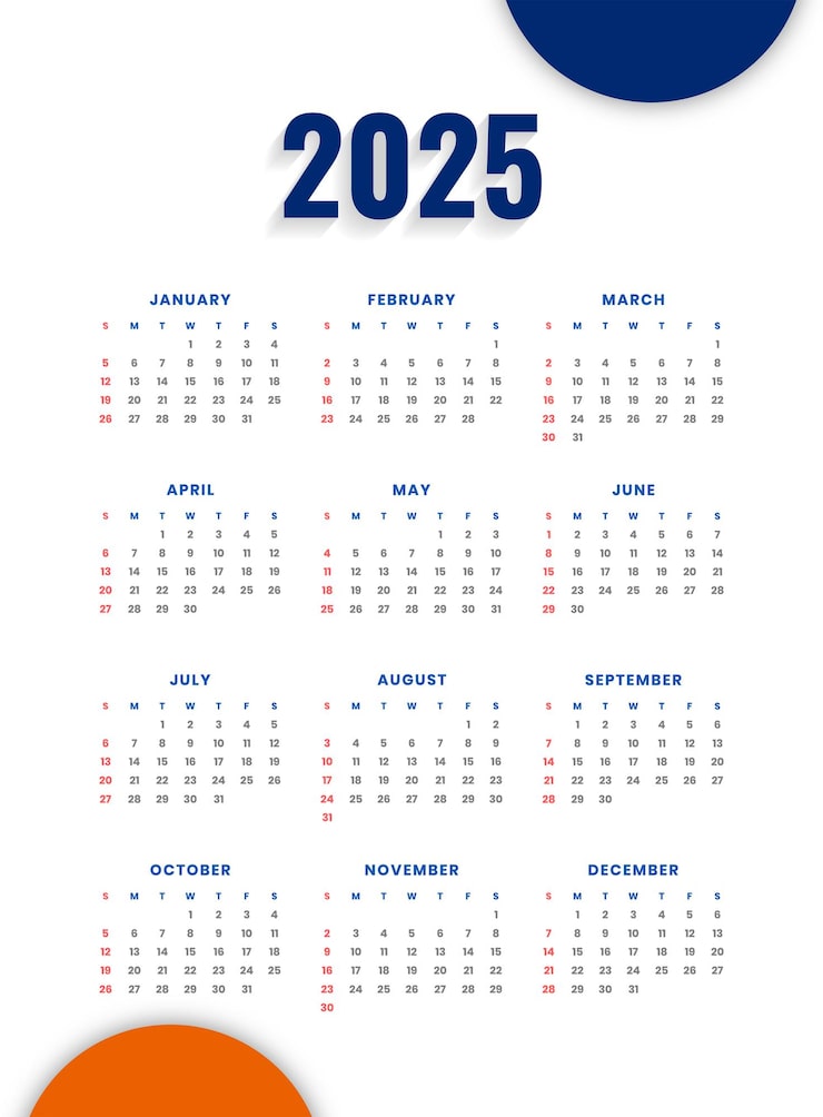 Free Vector 2025 calender template for new year event and business
