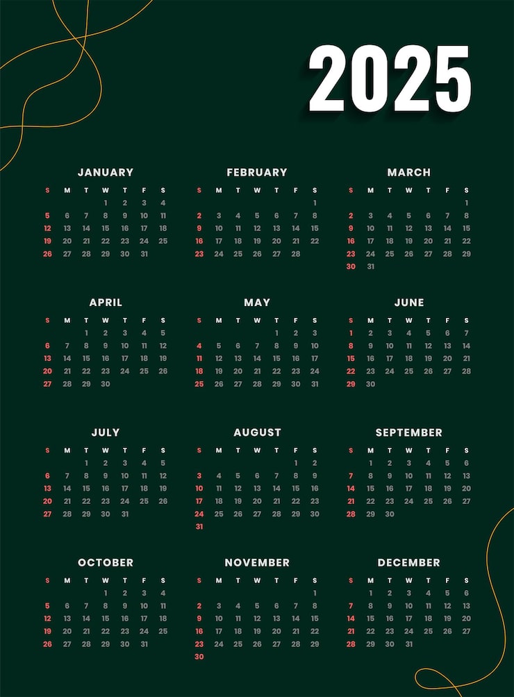 Free Vector 2025 calender template for new year event and business