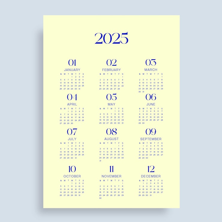 Free Vector 2025 yearly calendar template design