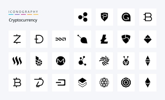 Free Vector 25 cryptocurrency solid glyph icon pack