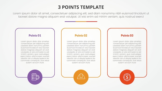 Free Vector 3 points stage template infographic concept for slide presentation with big box outline with circle on bottom with 3 point list with flat style