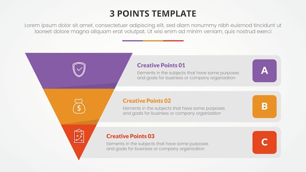 Free Vector 3 points stage template infographic concept for slide presentation with reverse pyramid and rectangle box container description with 3 point list with flat style