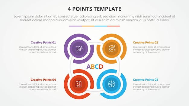 Free Vector 4 points stage list template infographic concept for slide presentation with big circle outline cutted create square shape on center with flat style