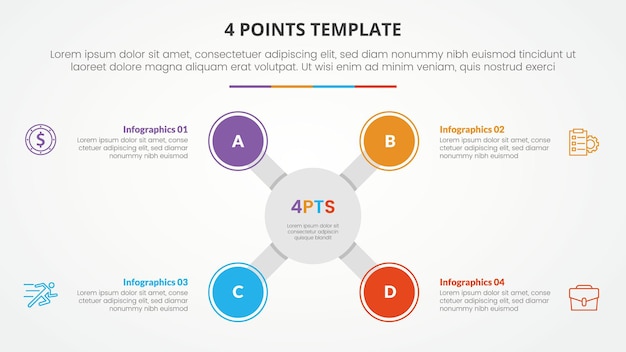 Free Vector 4 points stage list template infographic concept for slide presentation with big circle x shape on center with flat style