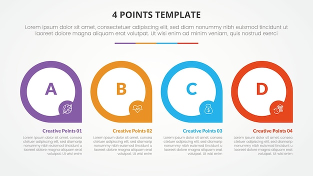 Free Vector 4 points stage list template infographic concept for slide presentation with creative outline circle with sharp edge bottom with flat style