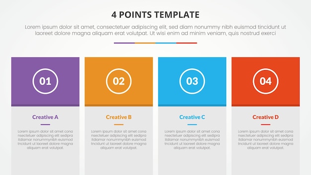 Free Vector 4 points stage template infographic concept for slide presentation with big box table and colorfull header 4 point list with flat style vector