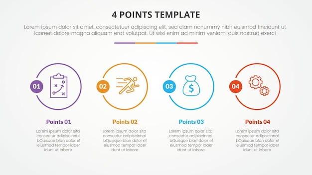 Free Vector 4 points stage template infographic concept for slide presentation with big outline circle horizontal 4 point list with flat style vector