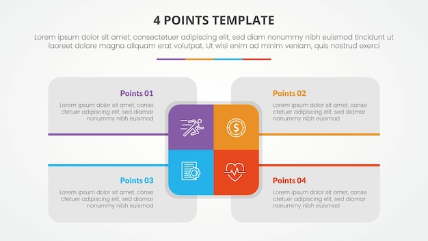 Free Vector 4 points stage template infographic concept for slide presentation with big rectangle center and box description around with 4 point list with flat style vector