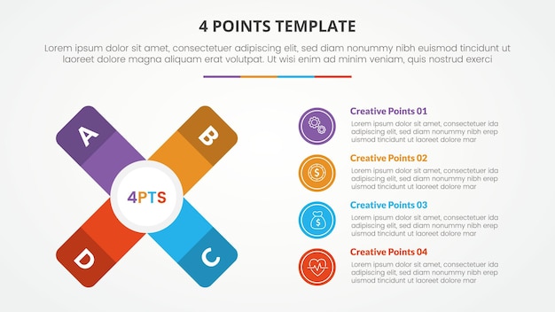 Free Vector 4 points stage template infographic concept for slide presentation with x shape with vertical description 4 point list with flat style vector