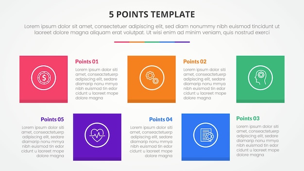 Free Vector 5 points stage template infographic concept for slide presentation with square shape combination with 5 point list with flat style vector