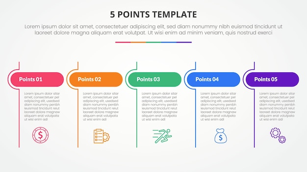 Free Vector 5 points stage template infographic concept for slide presentation with table round header and line divider with 5 point list with flat style vector