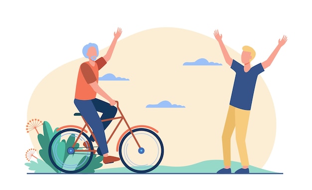 Free Vector active senior and young men meeting outdoors. riding bike, father and son flat vector illustration. lifestyle, relationship, activity concept 