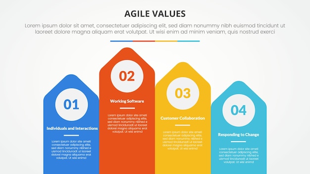 Free Vector agile values infographic concept for slide presentation with arrow shape on rectangle with top direction with 4 point list with flat style