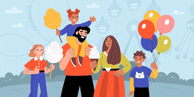 Free Vector amusement park flat composition with flat silhouette background with ferris wheel and characters of family members vector illustration
