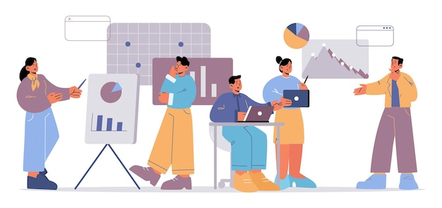 Free Vector analysts team analysing data charts business concept office people work together research statistics charts graphs and diagrams of sales management operational reports line art vector illustration