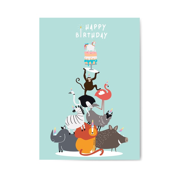 Free Vector animal themed birthday postcard vector