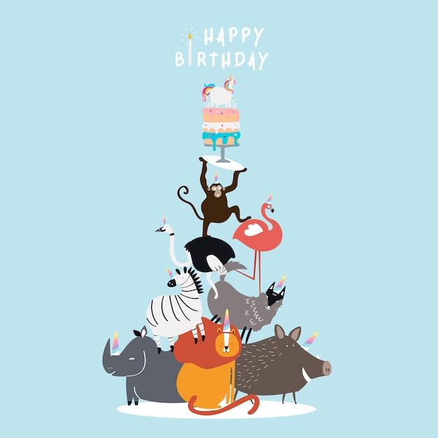 Free Vector animal themed birthday postcard vector