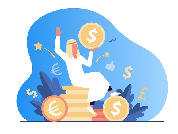 Free Vector arabian man sitting on pile of gold coins. dollar, cash, money flat vector illustration. finance and wealth