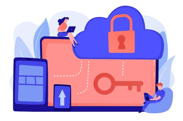 Free Vector architect and engineer working on technologies and controls to protect data and applications. cloud computing and cloud information security concept