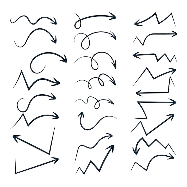 Free Vector arrow hand drawn different shape direction black line set selection doodle sketch curve path