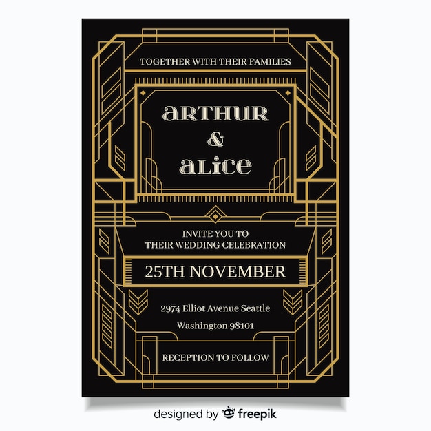 Free Vector art deco wedding invitation