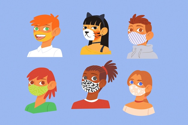Free Vector avatars wearing cute fabric face masks