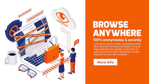 Free Vector avoiding internet censorship isometric web banner for secure anonymous browsing bypassing blocked sites and restrictions