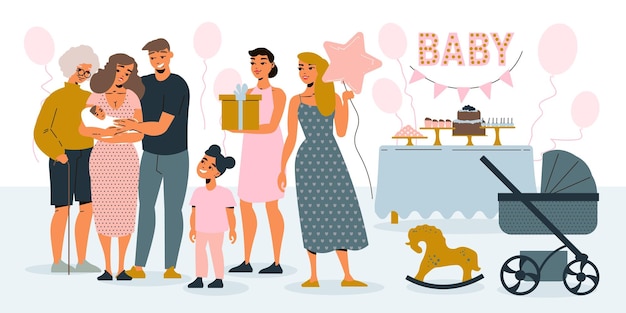 Free Vector baby shower party background with sip and see symbols flat vector illustration