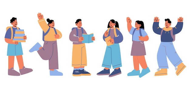 Free Vector back to school kids students with backpacks and textbooks stand in row boy and girls pupils reading books education learning and studying concept with children group line art vector illustration