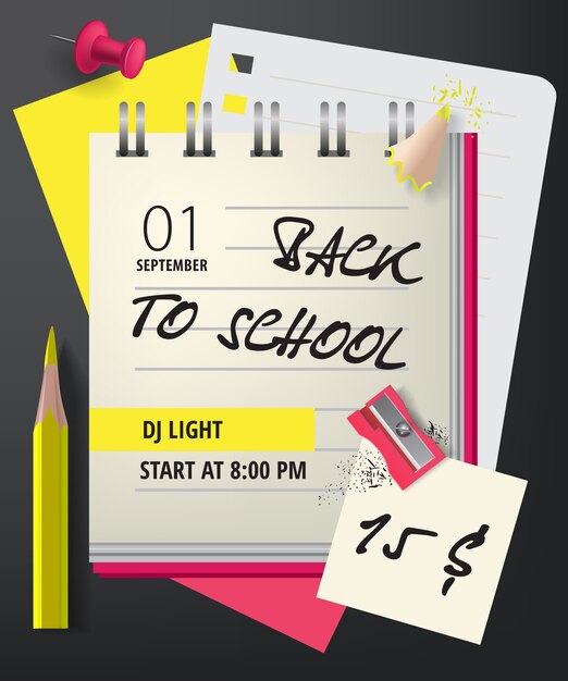 Free Vector back to school lettering with notebook and pencil sharpener