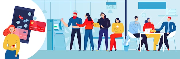 Free Vector bank customers using atm and woman using online mobile application flat  illustration