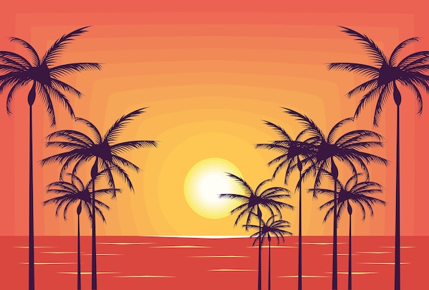 Free Vector beach seascape sunset with palms