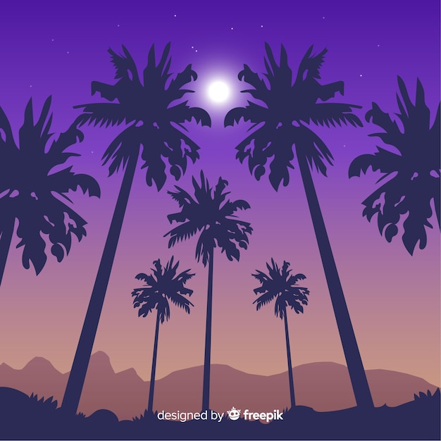 Free Vector beach sunset with palm silhouettes