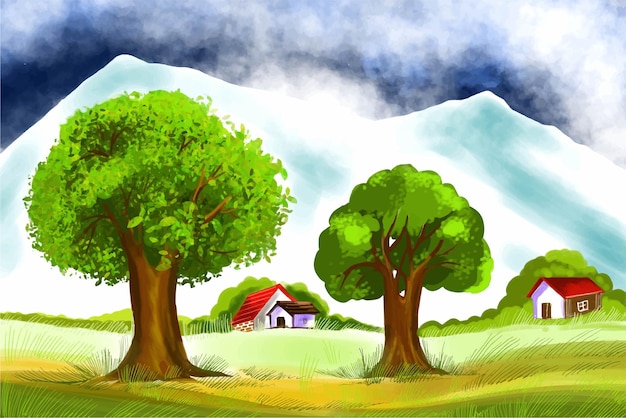 Free Vector beautiful landscape and architecture painting tree design