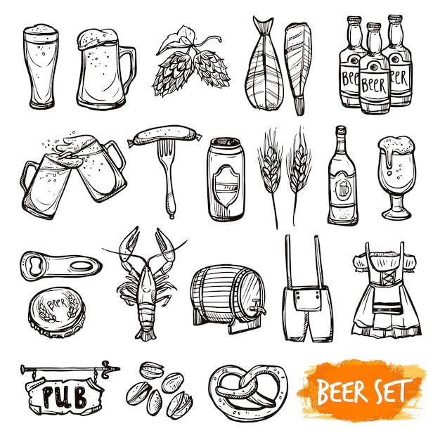 Free Vector beer black doodle icons set
