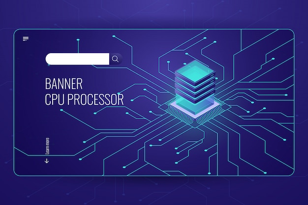 Free Vector big data processing, cpu processor isometric banner, network data transfer and calculation
