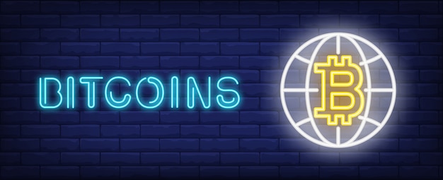 Free Vector bitcoins illustration in neon style. text, globe and bitcoin on brick wall background.